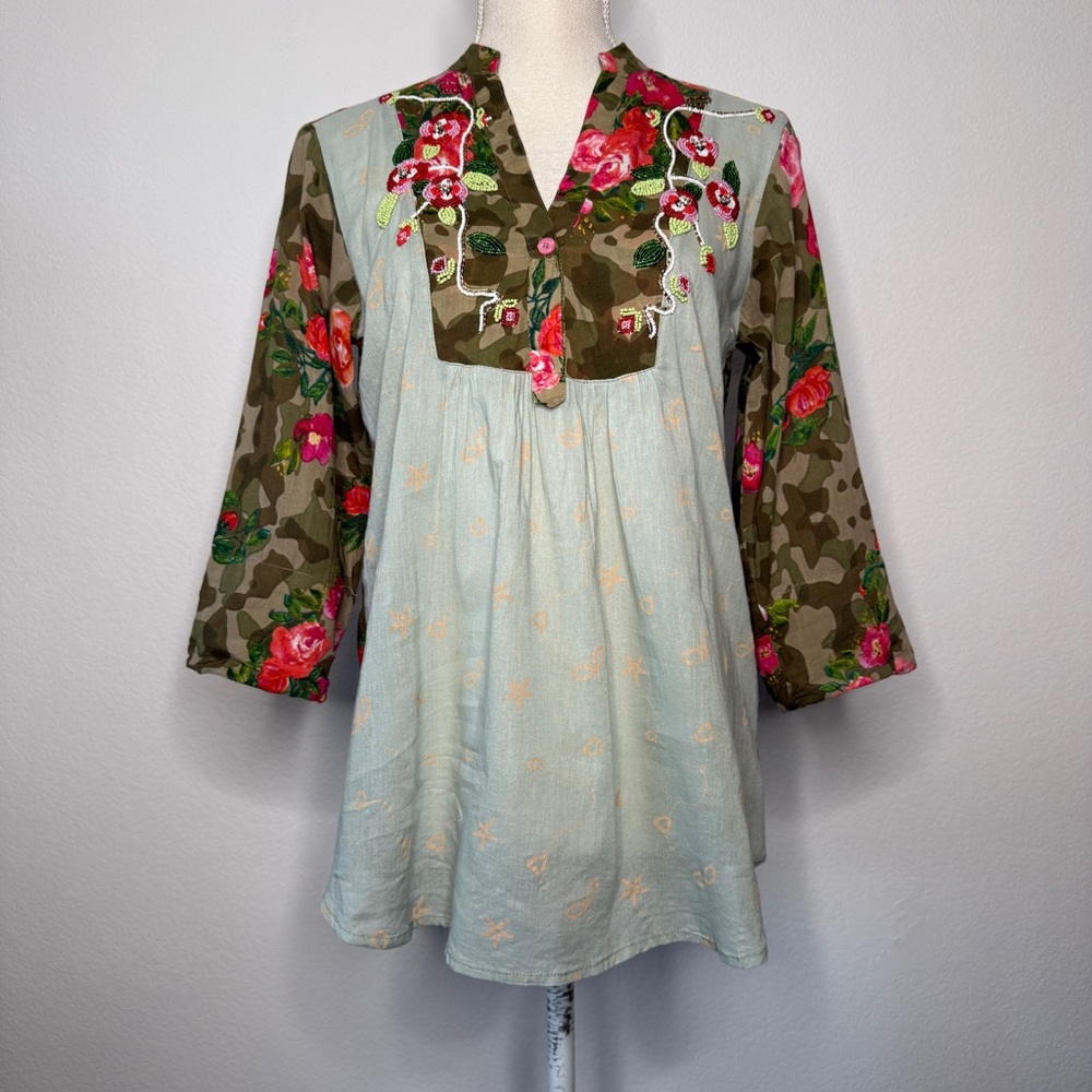 Antica Sartoria Floral Camo Beaded Cotton V Neck Blouse Size S